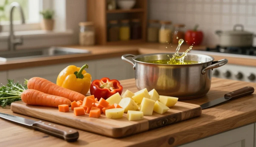 Preparo de vegetais para uma receita de panela simples